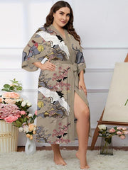 Floral Print Belted V Neck Oriental Dressing Gown