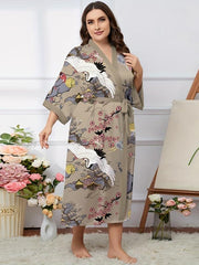 Floral Print Belted V Neck Oriental Dressing Gown