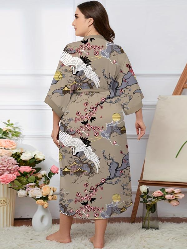 Floral Print Belted V Neck Oriental Dressing Gown