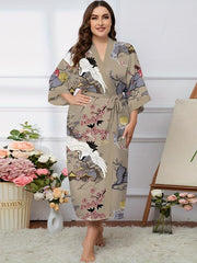 Floral Print Belted V Neck Oriental Dressing Gown