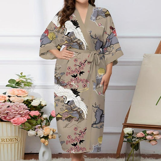Floral Print Belted V Neck Oriental Dressing Gown