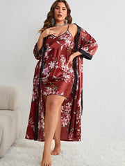 Plus Floral Print Satin Kimono Robe & Cami Dress Set