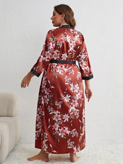 Plus Floral Print Satin Kimono Robe & Cami Dress Set