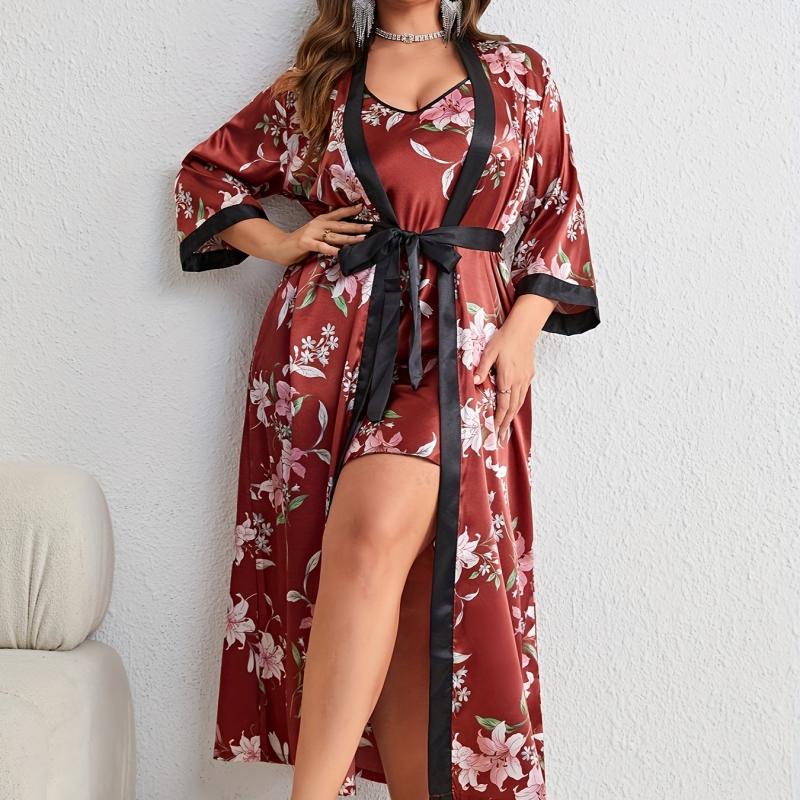Plus Floral Print Satin Kimono Robe & Cami Dress Set