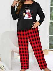 Snowman Print Long Sleeve Top & Plaid Pants Lounge Set