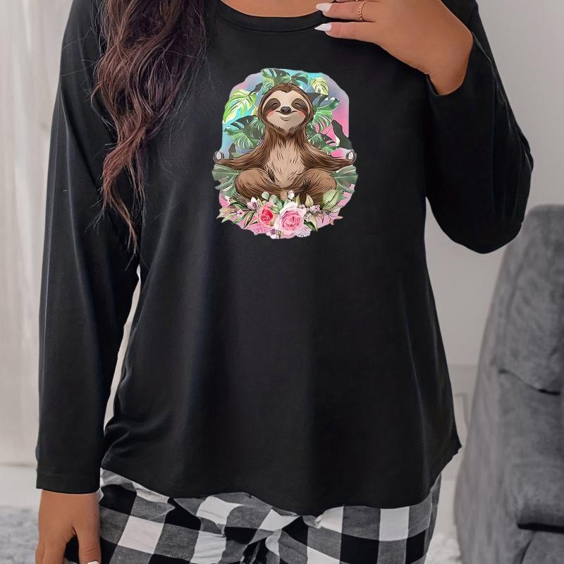 Women's Plus Size Cartoon Sloth & Rose Print Long Sleeve Sleepwear Top