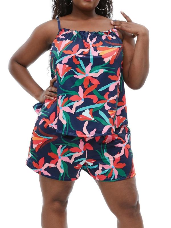 Floral Print Cami Top & Shorts Loungewear Set Plus Size