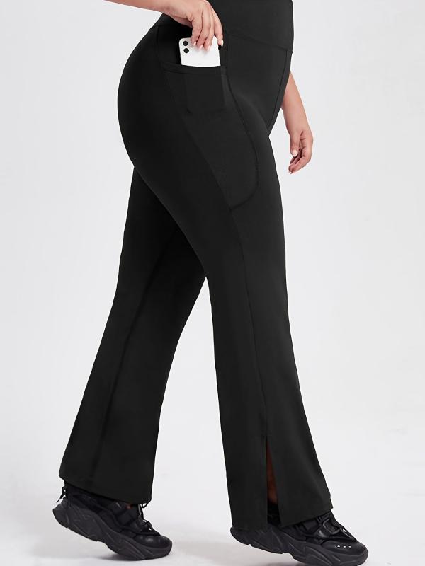 Solid High Waist Slit Sports Pants With Pockets Women's Plus