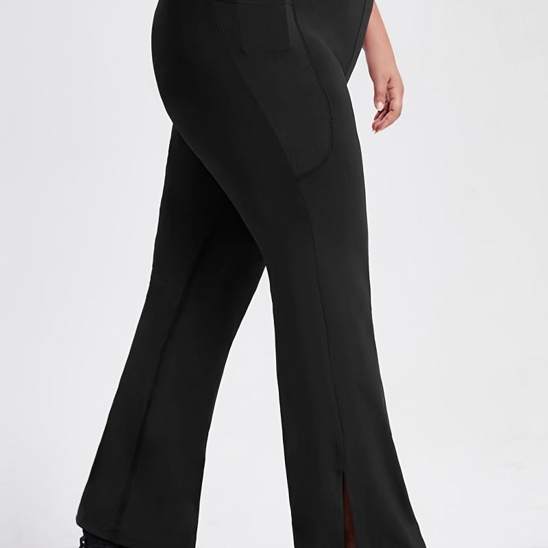 Solid High Waist Slit Sports Pants With Pockets Women's Plus