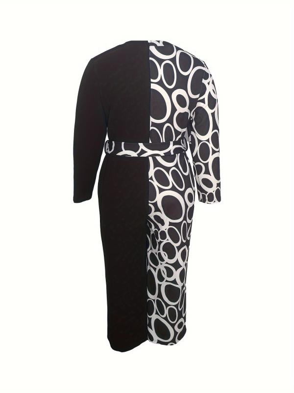Colorblock Geometric Print Long Sleeve Round Neck Wide Leg Jumpsuit