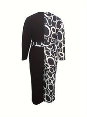 Colorblock Geometric Print Long Sleeve Round Neck Wide Leg Jumpsuit