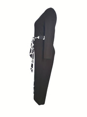 Colorblock Geometric Print Long Sleeve Round Neck Wide Leg Jumpsuit
