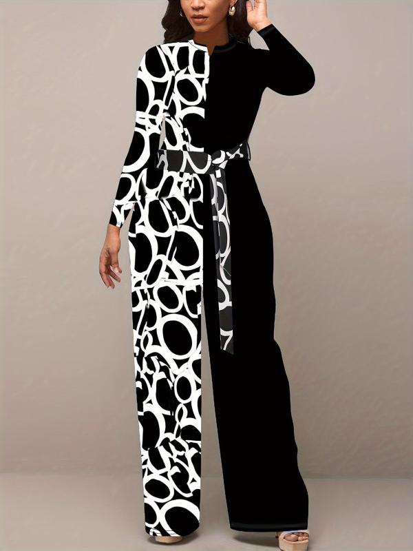 Colorblock Geometric Print Long Sleeve Round Neck Wide Leg Jumpsuit