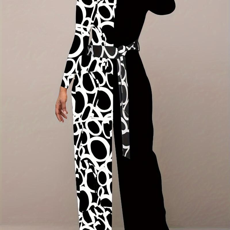 Colorblock Geometric Print Long Sleeve Round Neck Wide Leg Jumpsuit
