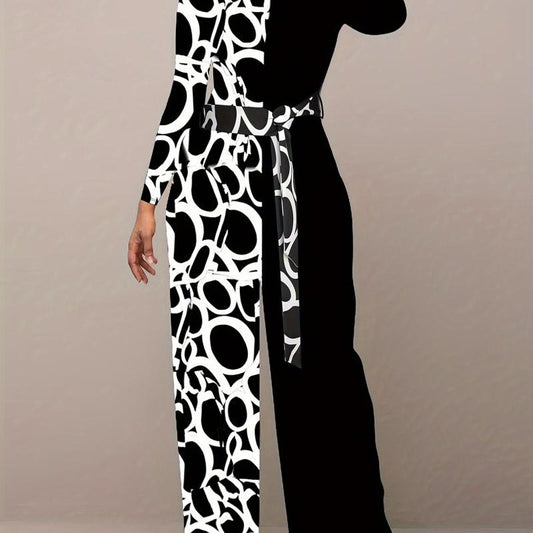 Colorblock Geometric Print Long Sleeve Round Neck Wide Leg Jumpsuit
