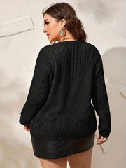 Women's Plus Solid Jacquard Eyelet Embroidered Round Neck Pullover Sweater