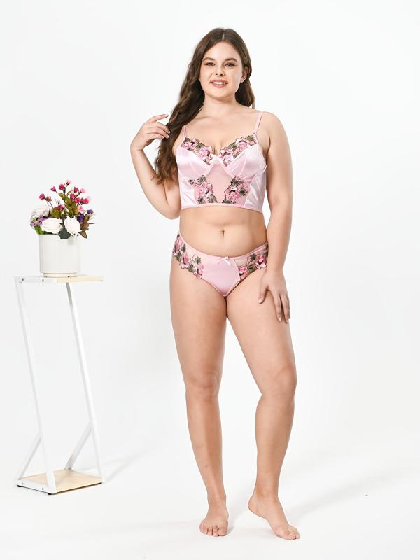 Plus Floral Embroidered Lace Up Longline Bralette & Panty Set