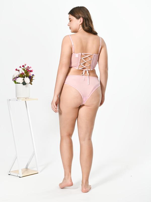 Plus Floral Embroidered Lace Up Longline Bralette & Panty Set