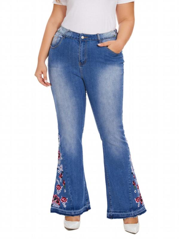 Women's Plus Floral Embroidery High Rise Flared Leg Jeans