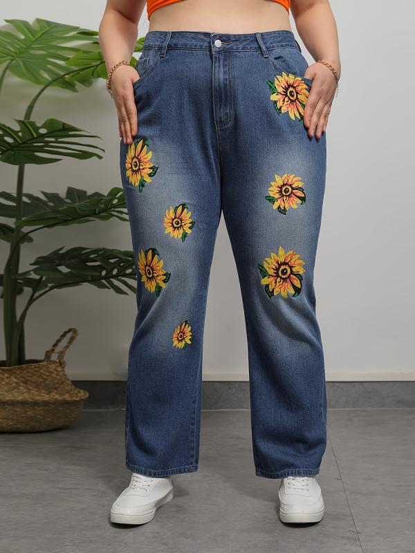 Floral Print High Rise Jeans, Button Fly, Plus Size