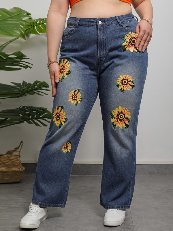 Floral Print High Rise Jeans, Button Fly, Plus Size