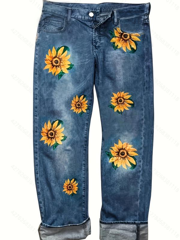 Floral Print High Rise Jeans, Button Fly, Plus Size