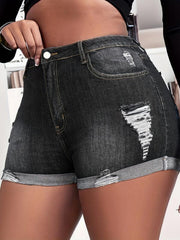 Women's Plus High Stretch Ripped High Rise Jeans Shorts