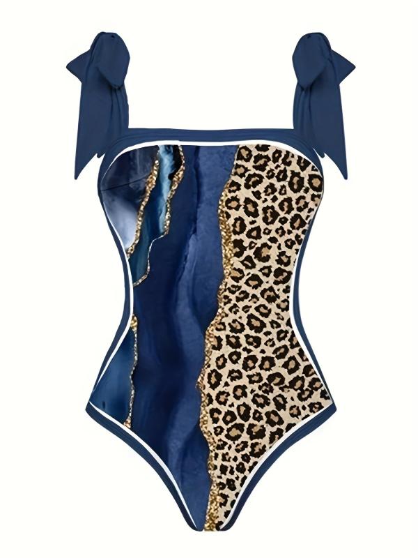 Women's Plus Glitter Marble & Leopard Print Swimsuit Set