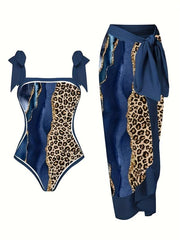 Women's Plus Glitter Marble & Leopard Print Swimsuit Set