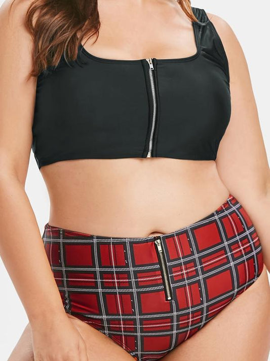 Solid Top & Plaid Print Panty Zipper Swimsuit Set Women's Plus
