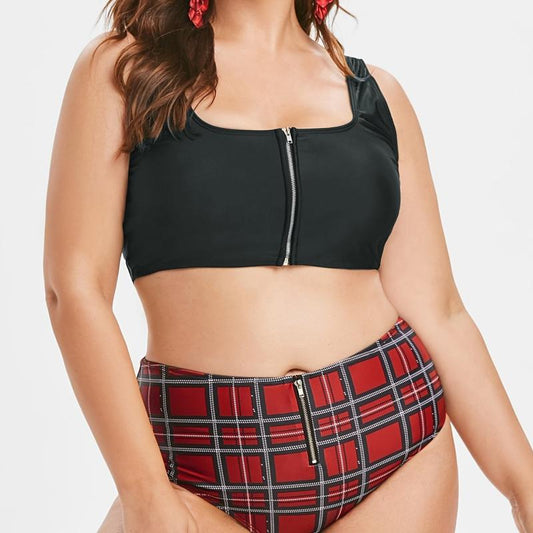Solid Top & Plaid Print Panty Zipper Swimsuit Set Women's Plus