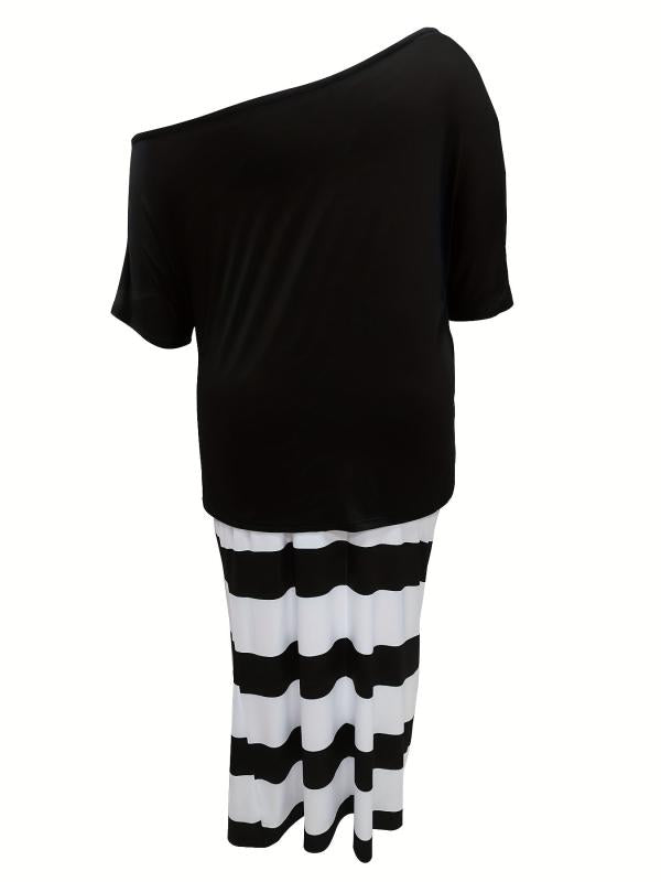 Women's Plus Dandelion Print Top & Stripe Print Maxi Skirt Set