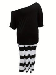 Women's Plus Dandelion Print Top & Stripe Print Maxi Skirt Set