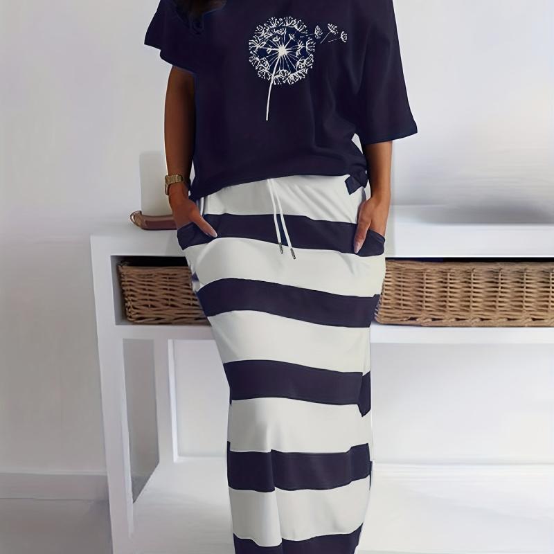 Women's Plus Dandelion Print Top & Stripe Print Maxi Skirt Set