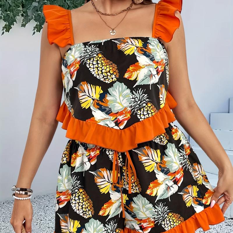 Plus Tropical Print Flutter Sleeve Cami Top & Dress