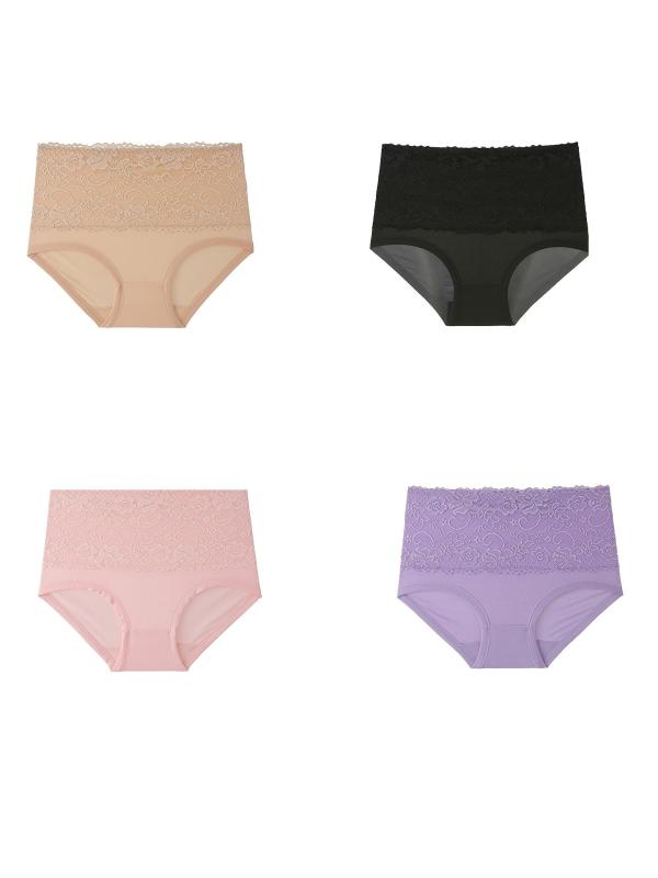 4 Pack Plus Size Floral Print Lace Panties Women's Plus High Waist