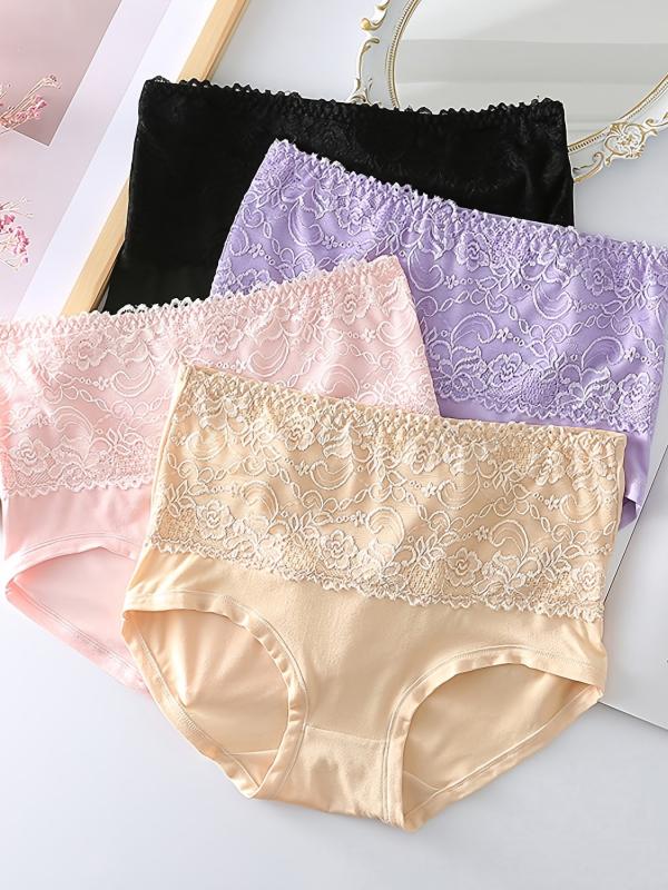 4 Pack Plus Size Floral Print Lace Panties Women's Plus High Waist