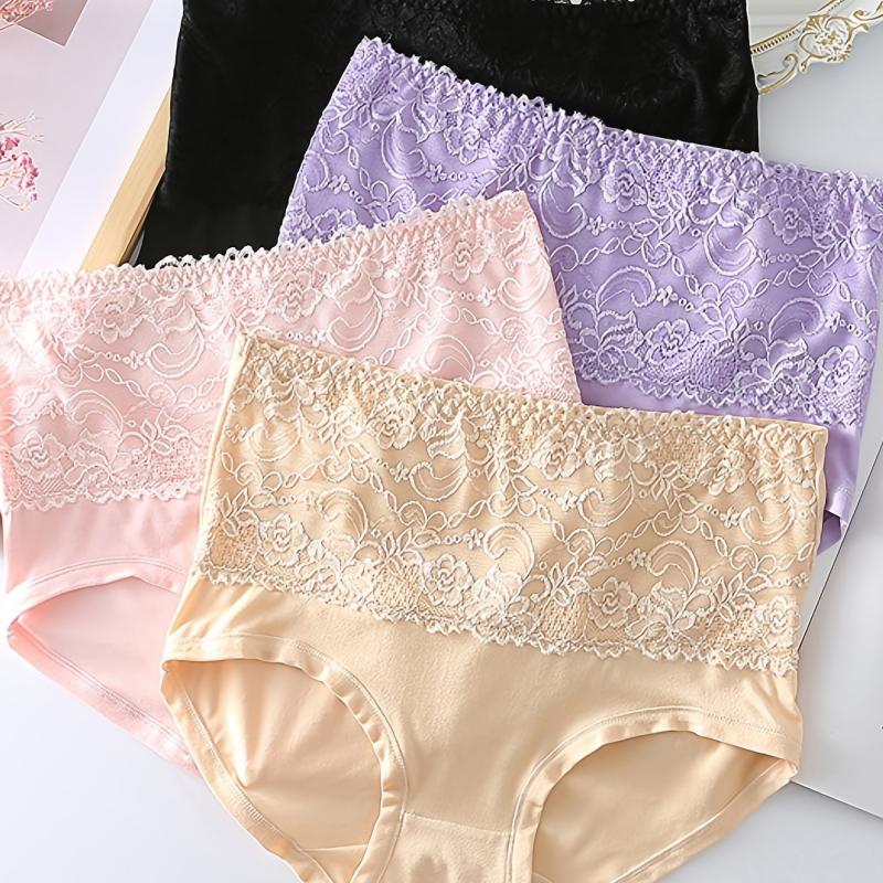 4 Pack Plus Size Floral Print Lace Panties Women's Plus High Waist