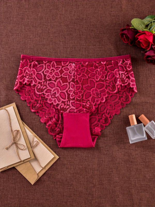 3 Pack Plus Size Christmas Panties Set Women's Plus Floral Lace Wave Trim Briefs