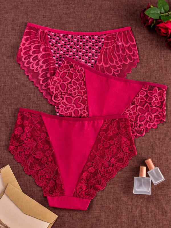 3 Pack Plus Size Christmas Panties Set Women's Plus Floral Lace Wave Trim Briefs