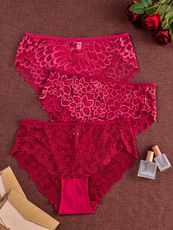 3 Pack Plus Size Christmas Panties Set Women's Plus Floral Lace Wave Trim Briefs
