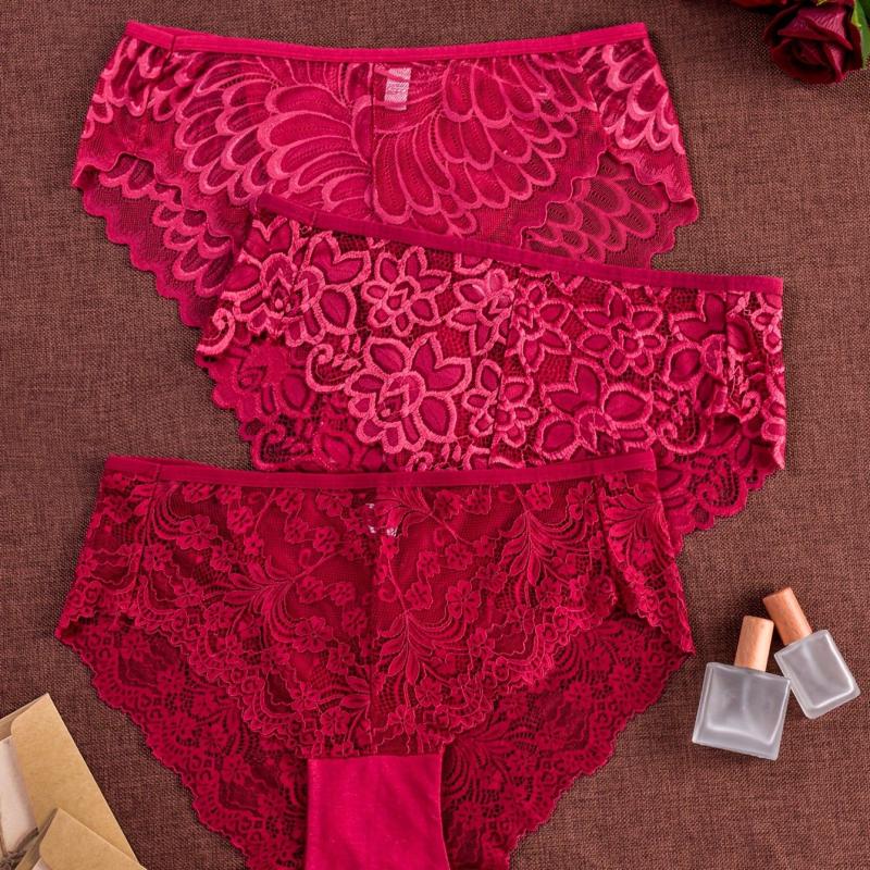 3 Pack Plus Size Christmas Panties Set Women's Plus Floral Lace Wave Trim Briefs