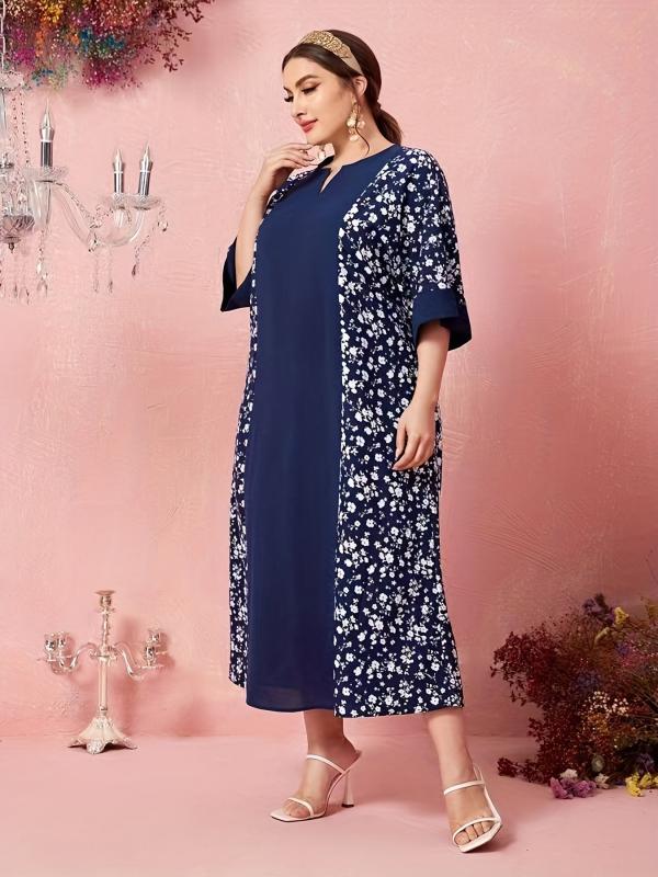 Boho Abaya Dress Plus Size Women's Colorblock Floral Maxi Dress
