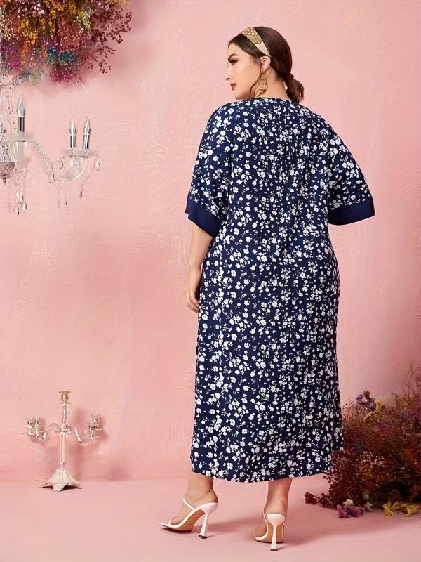 Boho Abaya Dress Plus Size Women's Colorblock Floral Maxi Dress
