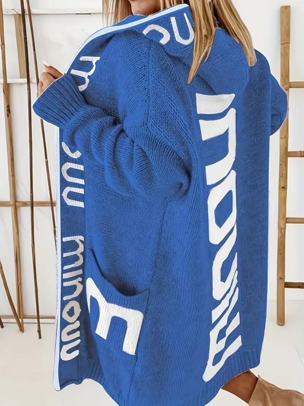 Letter Print Open Front Long Hoodie Cardigan With Pockets