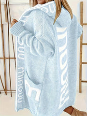 Letter Print Open Front Long Hoodie Cardigan With Pockets