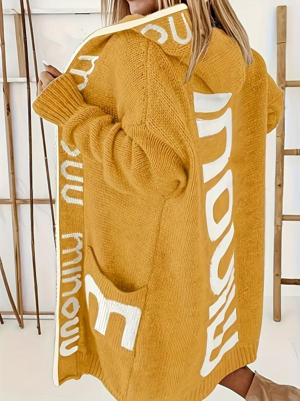 Letter Print Open Front Long Hoodie Cardigan With Pockets