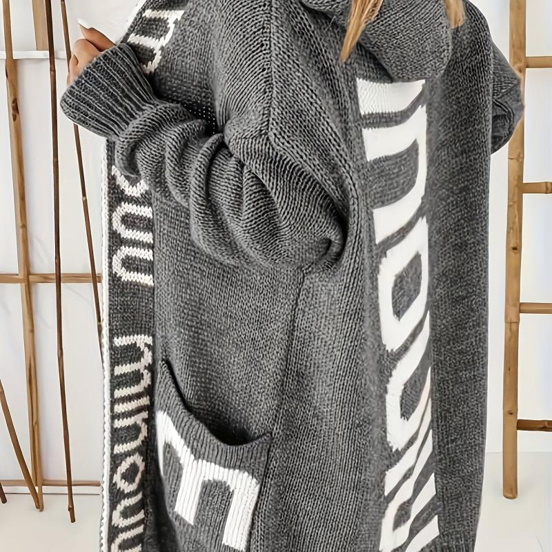 Letter Print Open Front Long Hoodie Cardigan With Pockets