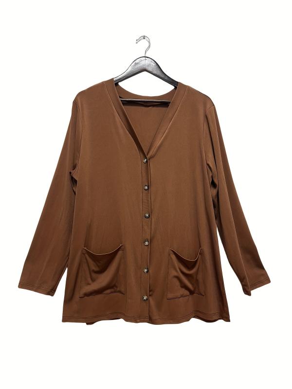 Women's Plus Solid Button Up Cardigan With Pockets