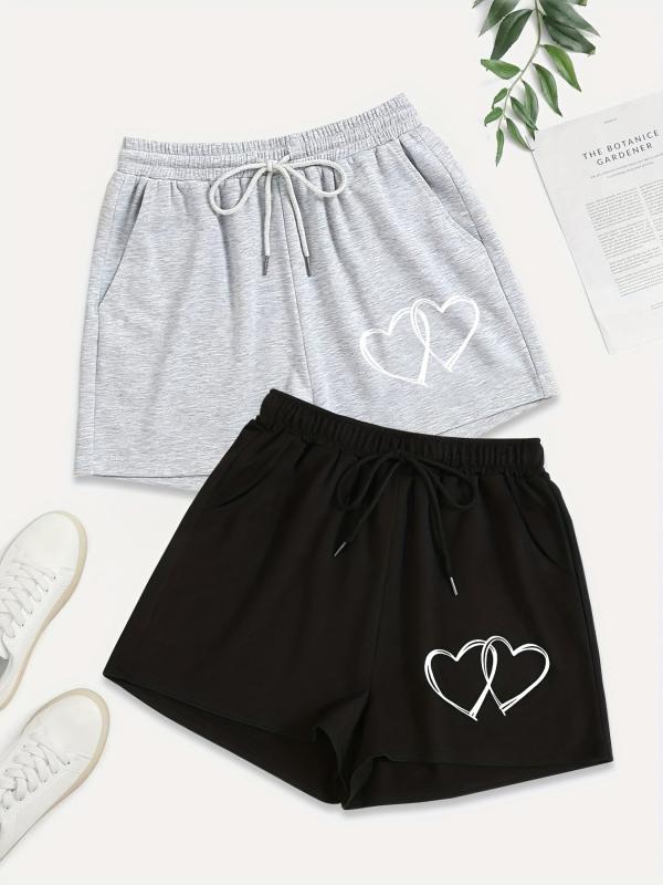 2 Pack Plus Size Heart Print Stretch Drawstring Shorts With Pockets Set